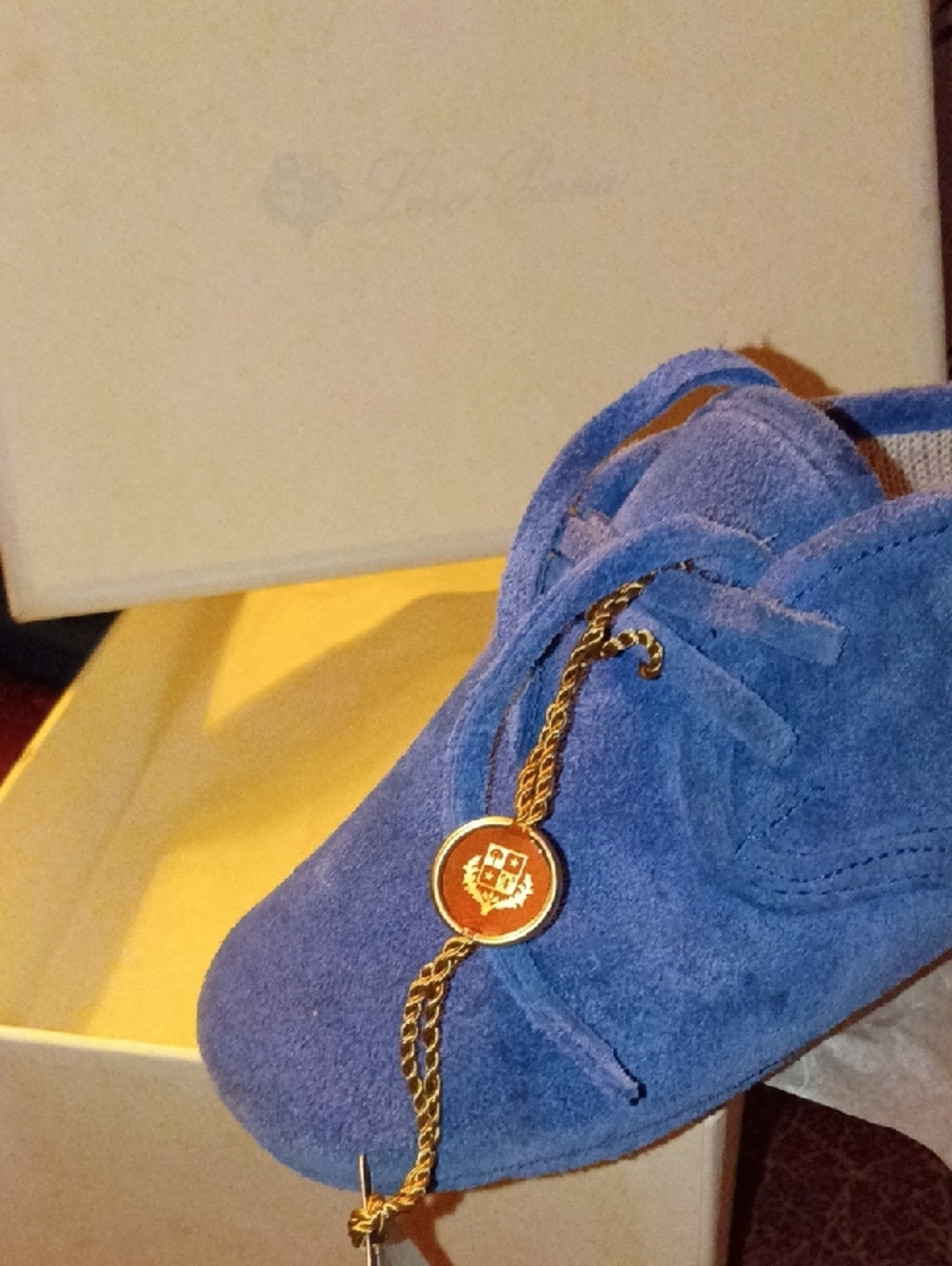 Loro Piana Blue Suede Lace-Up Bootie Or Walking Shoe w Gold Crest Charm JOB